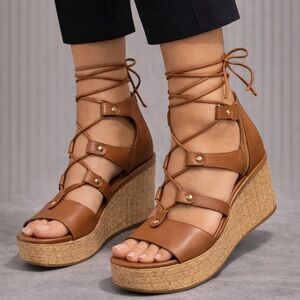 Coach Brown Lace-Up Cork Wedge Sandals